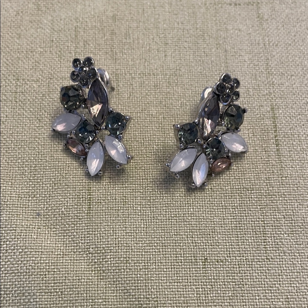Delicate Multi-Stone Floral Clip-On Earrings - White & Smoky